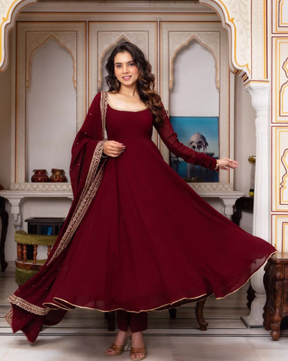 Maroon Anarkali Salwar Kameez Suit Set Readymade