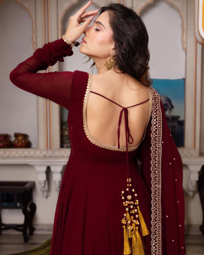 Maroon Anarkali Salwar Kameez Suit Set Readymade