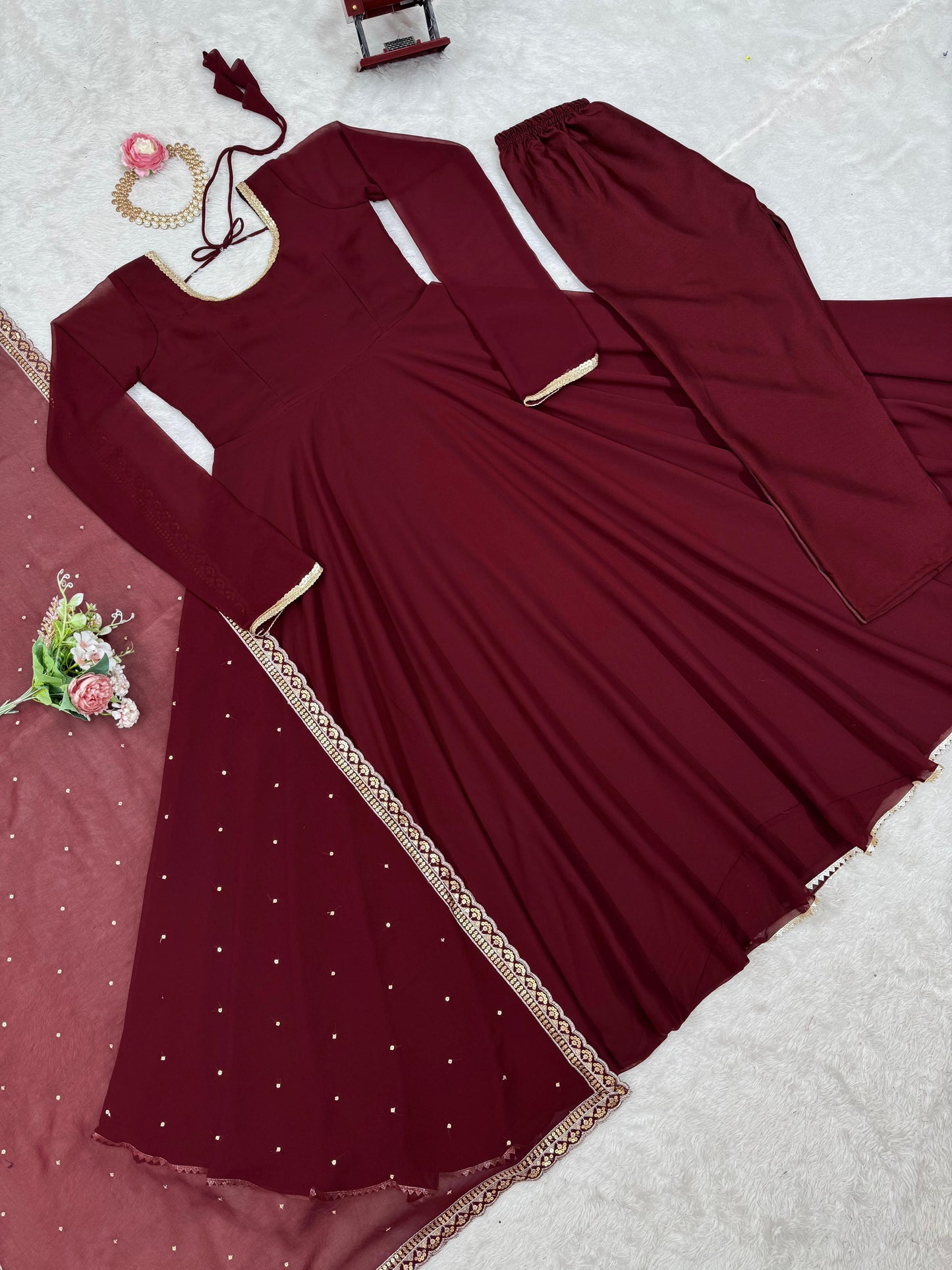 Maroon Anarkali Salwar Kameez Suit Set Readymade