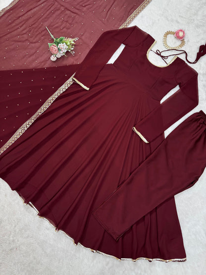 Maroon Anarkali Salwar Kameez Suit Set Readymade