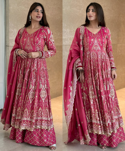 Pink Anarkali Full Flair Salwar kameez readymade Palazzo Suit Set